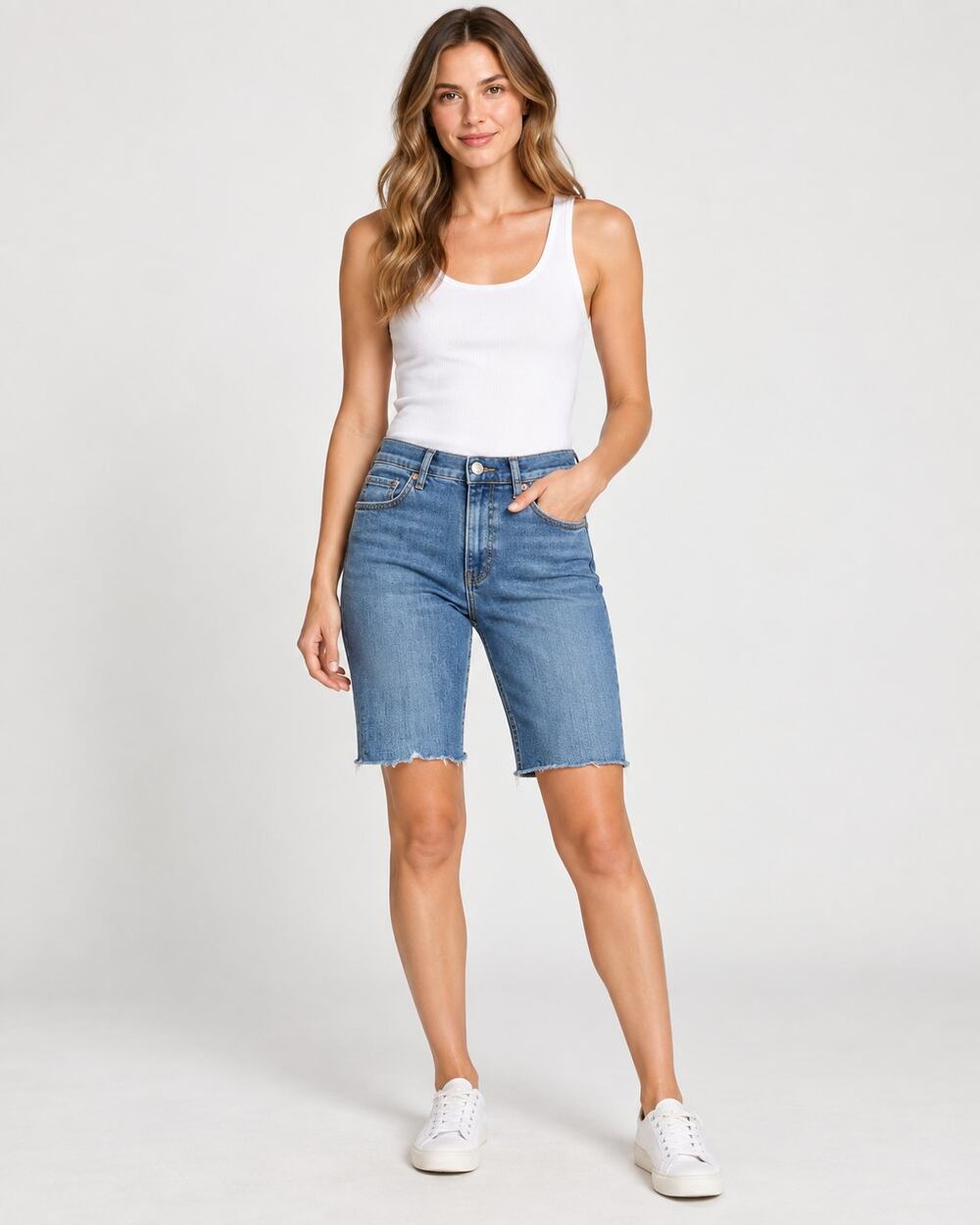 Free People Denim Bermuda Shorts Women 30R Blue Raw Hem